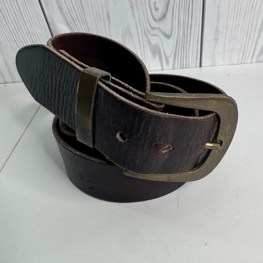 Vintage Unbranded Brown Leather Belt Sz 38 Brass Buckle Riveted Suede Underside